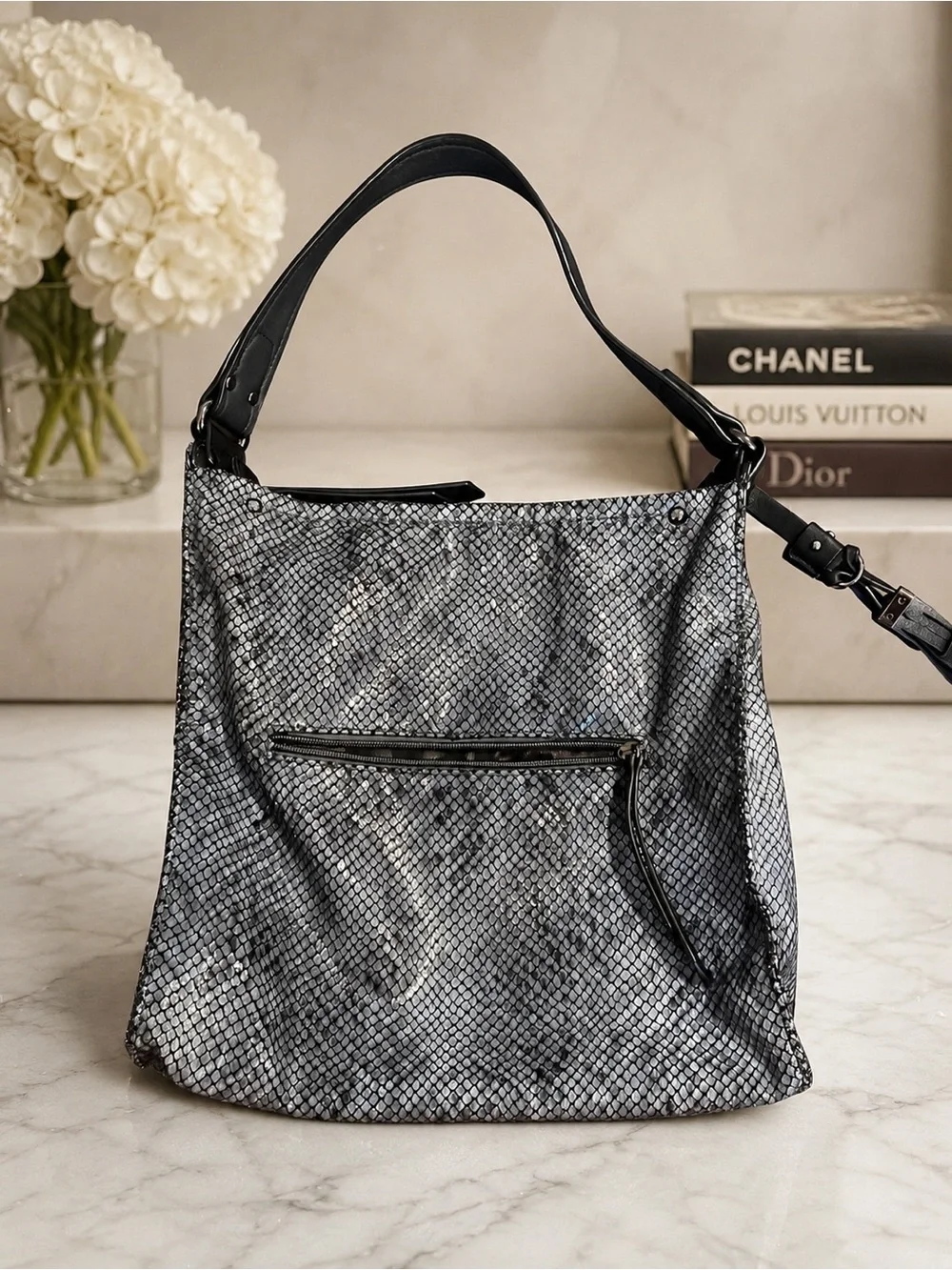 Sondra Roberts Squared Metallic Snake Print Hobo Bag Tassel Pewter